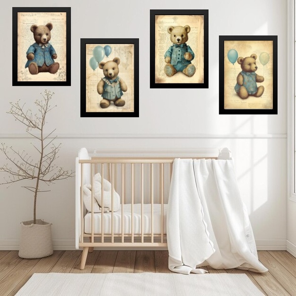 Kit 4 Quadros Quarto Bebê Ursos Vintage 33x24cm - Com Vidro M
