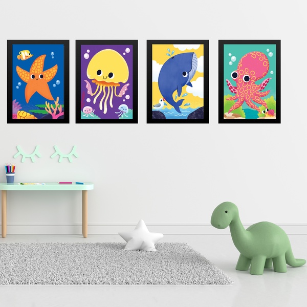 Kit 4 Quadros Quarto Infantil Tema Animais Marinhos 24x18cm M