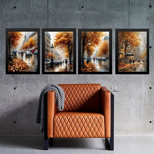 Kit 4 Quadros Românticos Cidade Europa 45x34cm Moldura:madeir