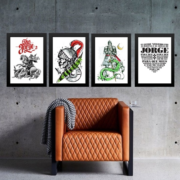 Kit 4 Quadros São Jorge Com Oração 24x18cm Moldura:madeira Br