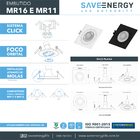 Kit 4 Spot Embutir Quadrado Face Plana Dicroica Mr16 Preto