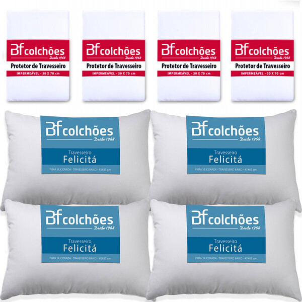 Kit 4 Travesseiros Fibra Siliconada Antialérgico 45x65cm + 4
