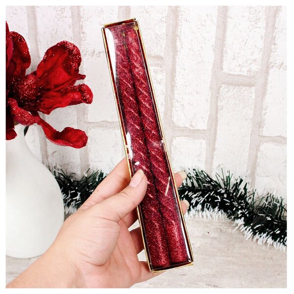 Kit 4 Velas Retorcidas De Natal Decorativa Com Glitter Vermel