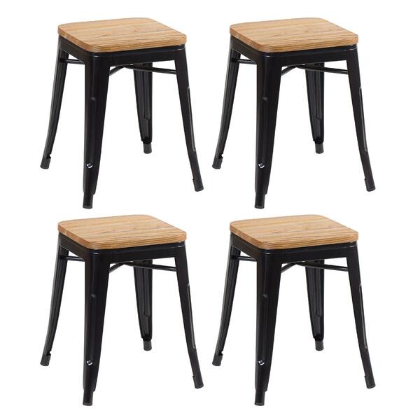 Kit - 4 X Banquetas Baixas Iron Tolix Com Assento De Madeira