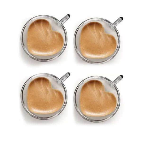 Kit 4 Xícaras Vidro Borossilicato Parede Dupla Coração 80ml