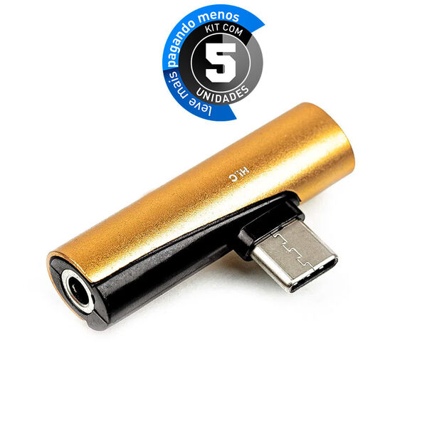 Kit 5 Adaptador Usb Tipo C Para Fone Ouvido P2, Dourado