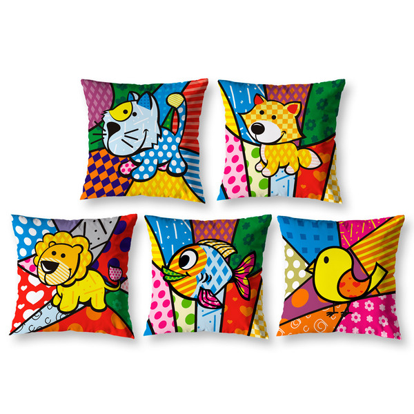 Kit 5 Almofada 40cm X 40cm Pop Art Animais Estampada Com Zíper