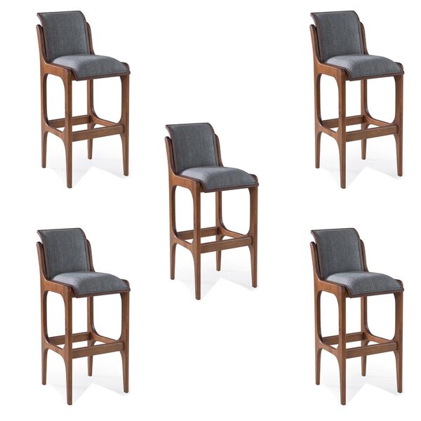 Kit 5 Banquetas Alta Madeira Maciça Pedri Linho Cinza/imbuia