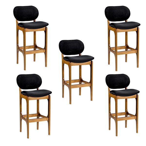 Kit 5 Banquetas Alta Madeira Maciça Soshoku Veludo Preto/imbu