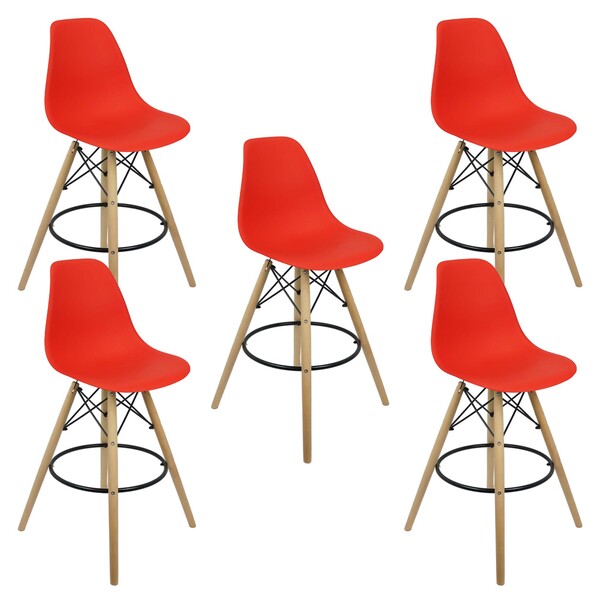 Kit 5 Banquetas Charles Eames Eiffel Wood Design Base Fixa Ma