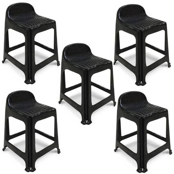 Kit 5 Banquetas De Plástico Banquinho Com Encosto Preto Empil