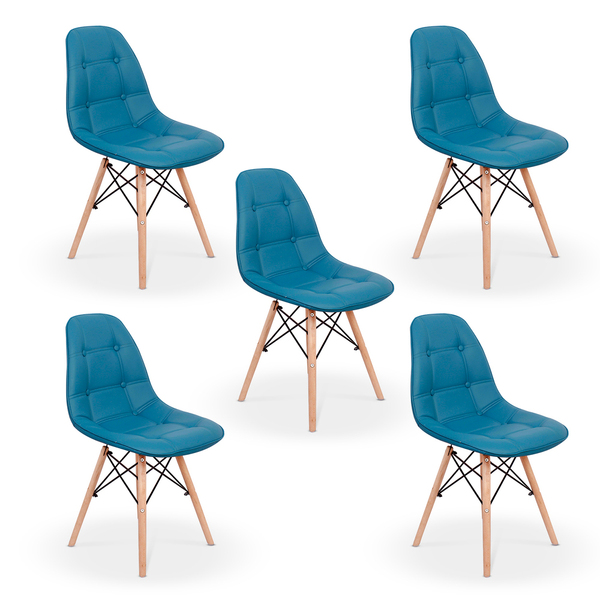 Kit 5 Cadeira Dkr Charles Eames Wood Estofada Botonê Turquesa