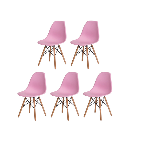 Kit 5 Cadeiras Charles Eames Eiffel Rosa Claro Base Madeira S