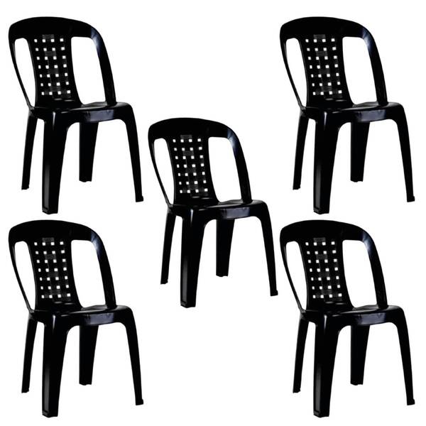 Kit 5 Cadeiras De Plástico Preta Com Encosto Vime Empilhável