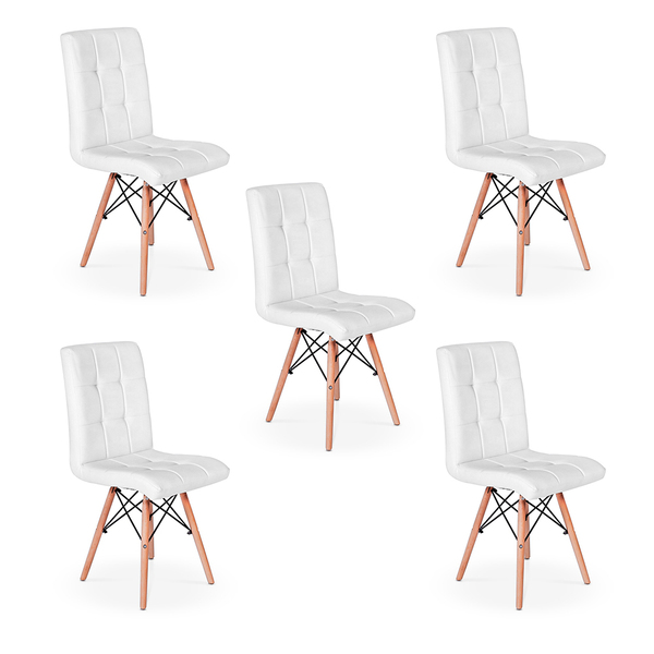 Kit 5 Cadeiras Eiffel Gomos Estofada Base Madeira Branca
