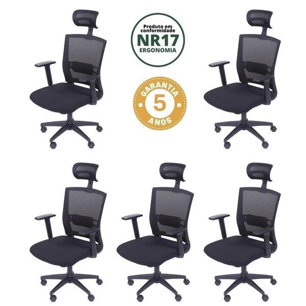 Kit 5 Cadeiras Escritorio Presidente Ergonômica Nr17 Tela Mes