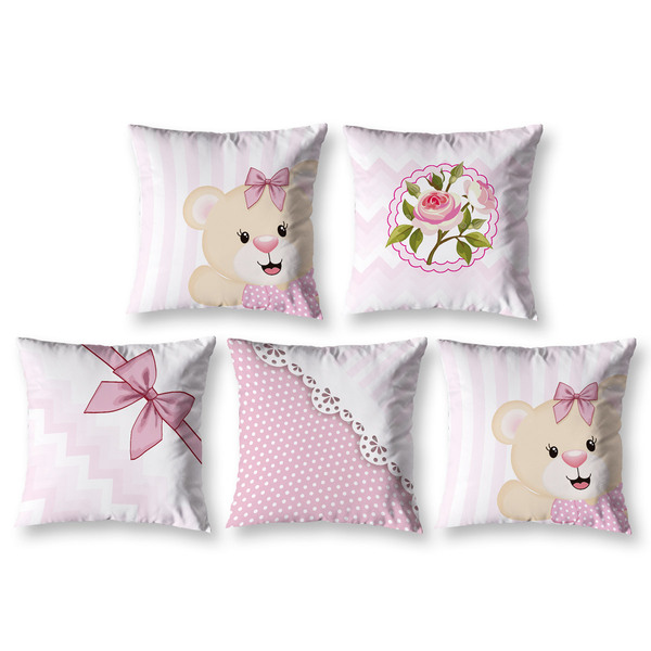 Kit 5 Capas De Almofadas Estampadas Infantil Ursinha Menina