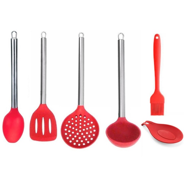Kit 5 Colheres Utensílios Silicone Vermelho Cabo Inox