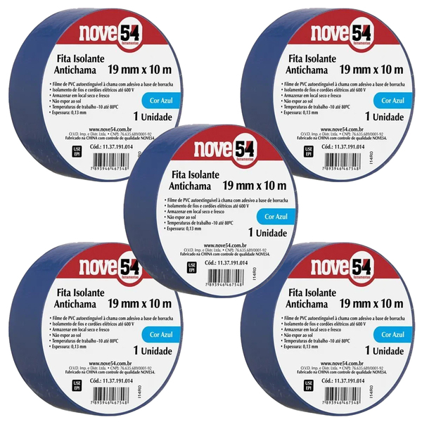 Kit 5 Fita Isolante 19mmx10m Azul 954