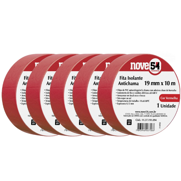 Kit 5 Fita Isolante 19mmx10m Vermelha 954