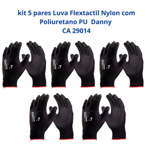 Foto de Kit 5 Luvas Segurança Flextactil Nylon Poliuretano Pu Preta D