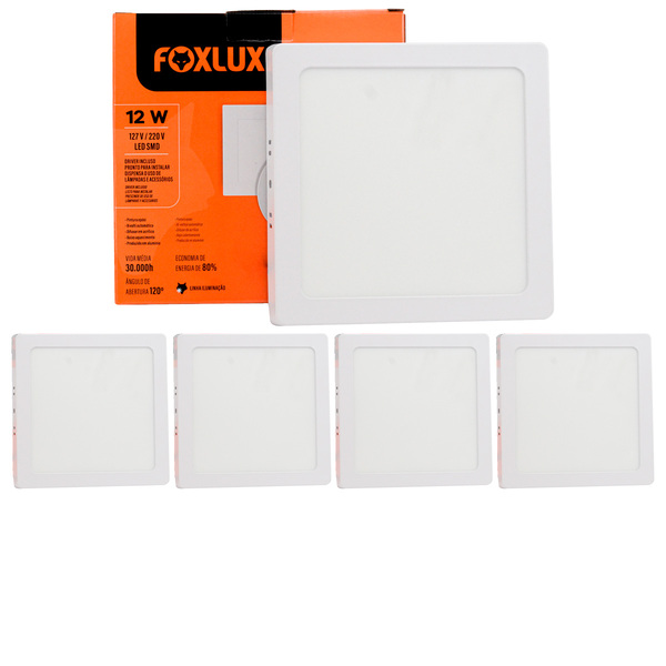 Kit 5 Painel Led Foxlux Quadrado Sobrepor 12w 3000k Branco