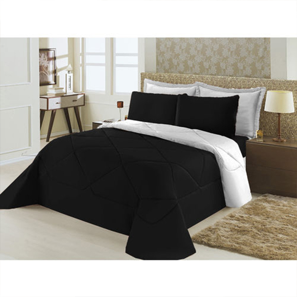 Kit 5 Pçs Colcha + Jogo Lençol Dupla Face Queen Casen Preto E