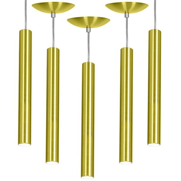 Kit 5 Pendente Tubo Cilindro Alumínio Dourado 40cm + Led 6k
