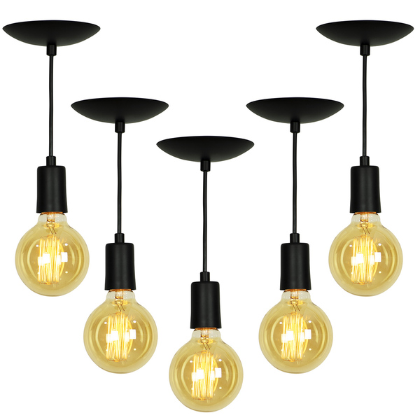 Kit 5 Pendente Tubo Cilindro Alumínio Preto Com Lampada