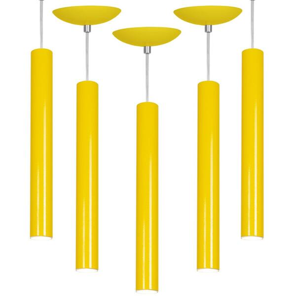 Kit 5 Pendente Tubo Cilindro Amarelo 40cm + Led 3k