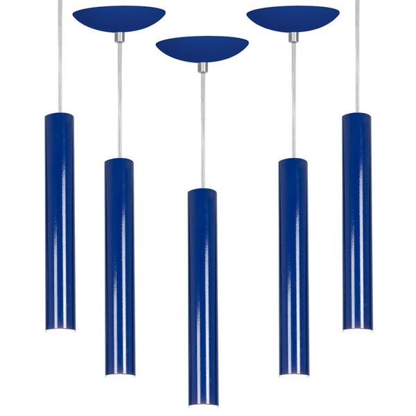 Kit 5 Pendente Tubo Cilindro Azul 30cm + Led 3k