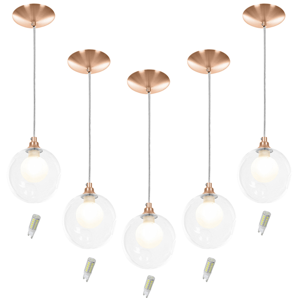 Kit 5 Pendentes Harmony Bolinha New Cobre + Lampada G9 3000k