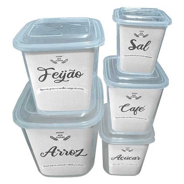 Kit 5 Potes De Mantimentos Com Etiqueta E Tampa De Encaixe -