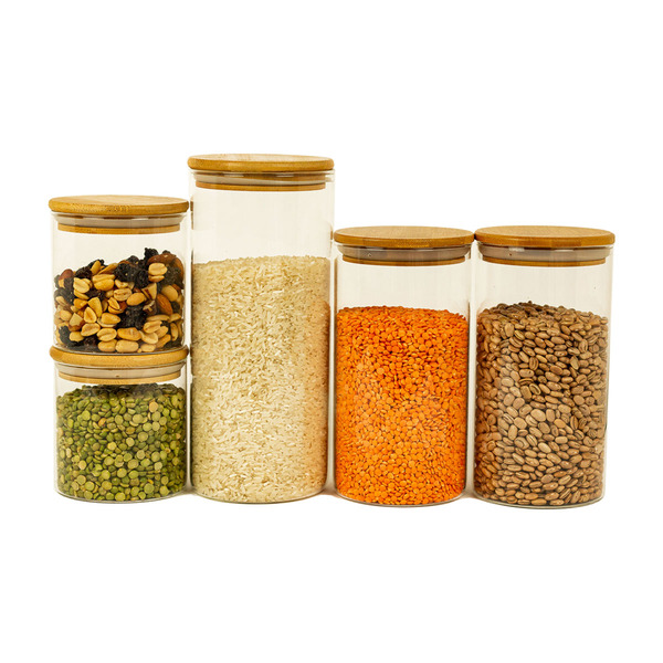 Kit 5 Potes De Vidro Com Tampa Bambu 1650/1100/500ml Oikos Na