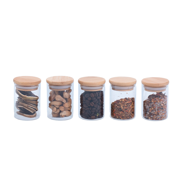 Kit 5 Potes De Vidro Herméticos Com Tampa De Bambu 110ml - Oi