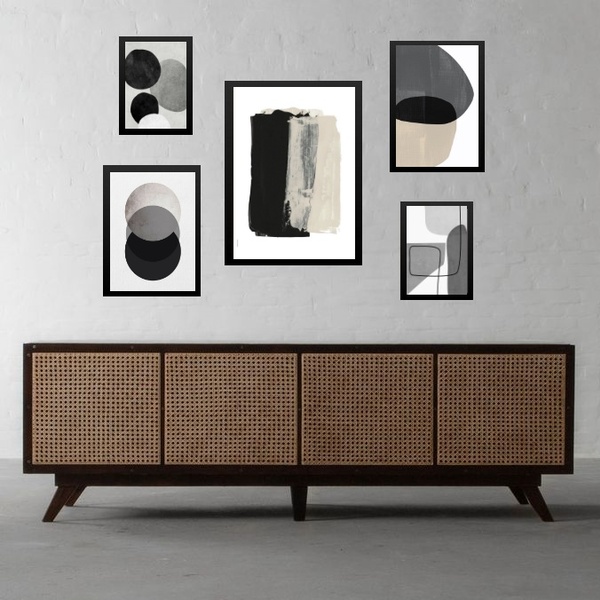 Kit 5 Quadros Abstratos Cinza Bege E Preto - Com Vidro Moldur