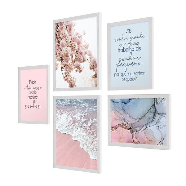 Kit 5 Quadros Com Frases Motivacionais Para Decoração Floral
