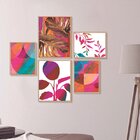 Kit 5 Quadros Decorativos Abstrato Colorido Formas Folhagens