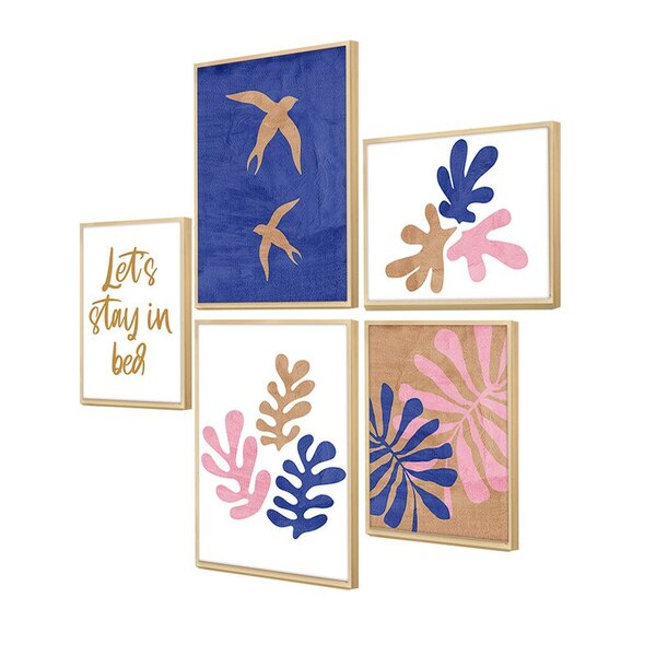 Kit 5 Quadros Decorativos Abstrato Rosa Azul Formas Frases