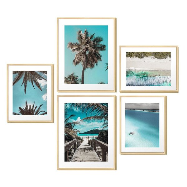Kit 5 Quadros Decorativos Azul Paisagem Praia Verão