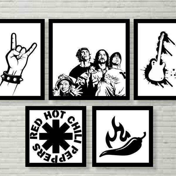 Kit 5 Quadros Decorativos Banda Rock Red Hot Chili Perppers