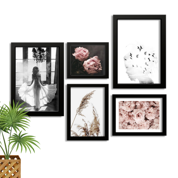 Kit 5 Quadros Decorativos Com Moldura Menina Rosas