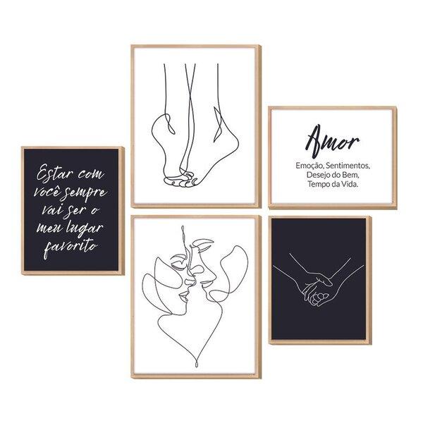 Kit 5 Quadros Decorativos Frases Casal Minimalista Amor