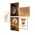 Kit 5 Quadros Decorativos Leão Abstrato Paisagem Boho