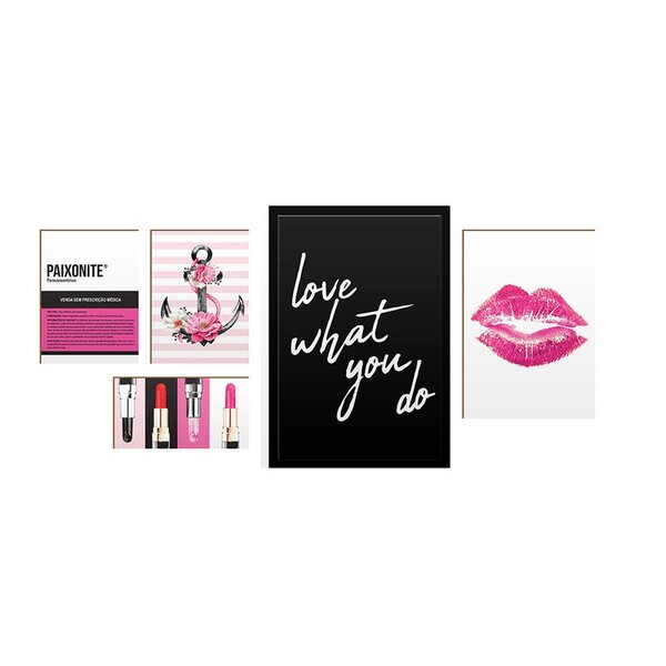 Kit 5 Quadros Decorativos Maquiagem Amor Quarto Feminino Casa