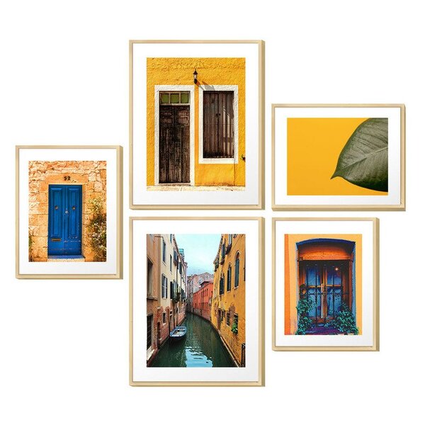 Kit 5 Quadros Decorativos Paisagem Cidade Vintage Amarelo