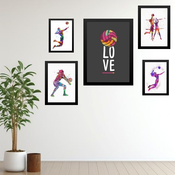 Kit 5 Quadros Decorativos Vôlei - Love - Com Vidro Moldura:ma