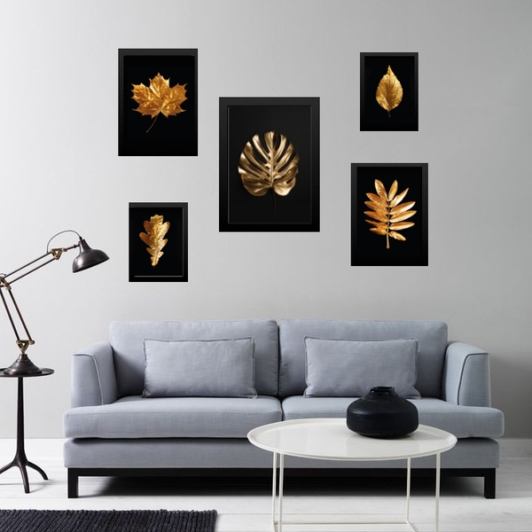 Kit 5 Quadros Folhas Douradas Fundo Preto Moldura:madeira Pre