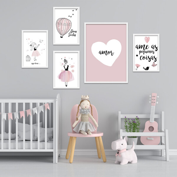 Kit 5 Quadros Infantil Bailarina Doces Sonhos Moldura Branca