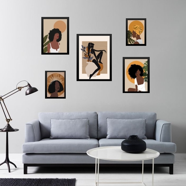 Kit 5 Quadros Mulheres Negras Boho - Com Vidro Moldura:madeir